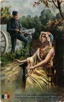 1916 WWI French military art postcard, soldier and lady (EK)