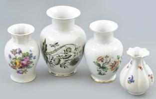 4 db porcelán váza, részben jelzett Zsolnay, Hollóházi, egyik sérült, többi kopásnyomokkal. M: 11-18cm