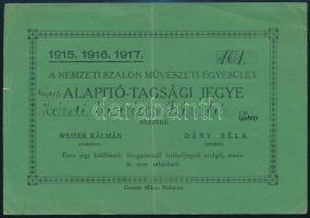 1915-17 Kézdi-Kovács László (1864-1942) festőművész, műkritikus nevére kiállított, 101. sz. Nemzeti Szalon Művészeti Egyesület alapító-tagsági jegye, hajtásnyommal, apró sérülésekkel, 9x13 cm
