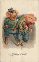 New Year, Pig gendarme with drunk pig, humour, Import 1427. litho (b)