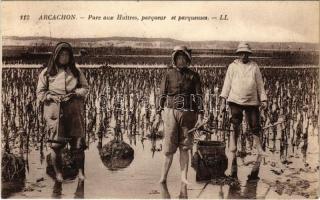 1934 Arcachon, Parc aux Huitres, parqueur et parqueses / oyster farm with workers (EK)