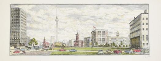Olvashatatlan jelzéssel: Berlini tévétorony / Berliner Fernsehturm. Rézkarc, papír, feltekert állapotban. 22x60cm