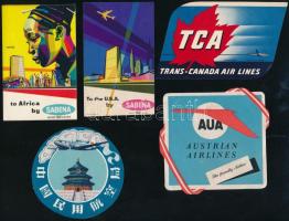 cca 1960-1970 5 db légitársaságos bőröndcímke, közte Austrian Airlines, Sabena, Trans-Canada Air Lines