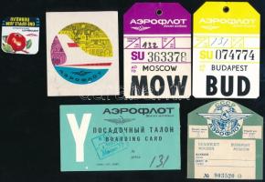 cca 1960-1980 7 db Aeroflot szovjet légitársaság címke, közte fedélzeti ételcímke, beszállókártya