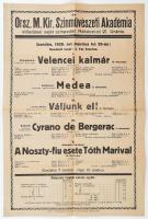 1929 Orsz. M. Kir. Színművészeti Akadémia előadásai az Urániában, plakát, hajtott, apró szakadásokkal, 31x48 cm