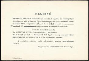 1947 Magyar Nők Demokratikus Szövetsége meghívója Péchy Blanka színésznő részére, Hewlett Johnson ca...