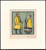Kós Károly (1883-1977): Felöltözve. Linómetszet, papír, utólagos jelzéssel, paszpartuban, 11×11 cm