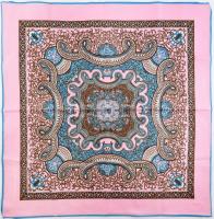 Fiorini rózsaszín-barna-kék mintás selyem kendő, kb. 72x72 cm