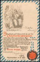 1900 Kézdi-Kovács László (1864-1942) festőművész, műkritikus autográf aláírása müncheni, dombornyomott Oktoberfest képeslapon, autográf humoros hiteles okmány felirattal és sajátkezű címzésével feleségének