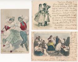 4 db RÉGI magyar folklór képeslap: csárdás / 4 pre-1945 Hungarian folklore postcards: traditional dance