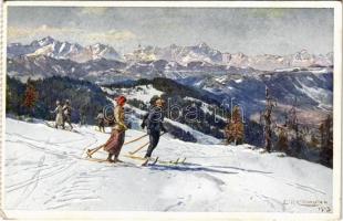 1913 Görlitzen bei Villach, Skipartie. Volkswirtschaftl. Vereins Oberkärnten / winter sport, skiing s: Compton (EK)