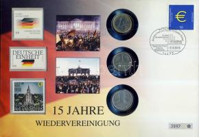 NSZK 1963. 1M + NDK 1956. 1M +  Németország 2002. 1€ érmés, bélyeges borítékon, NSZK, NDK az egyesült Németország bélyegeivel T:2