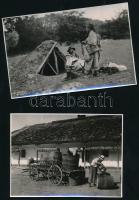 cca 1940 Vegyes néprajzi fotó tétel, 2 db, pipázó pásztorok kutyákkal, hordókkal foglalatoskodó férfiak, hullámosak, 8x12 cm és 8x11 cm