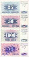 Bosznia-Hercegovina 1992. 25D + 50D + 1000D + 1993. 100.000D (felülbélyegzett 10D bankjegy) T:I,I- Bosnia and Hercegovina 1992. 25 Dinara + 50 Dinara + 100 Dinara + 1993. 100.000 Dinara (overprinted 10 Dinara banknote) C:UNC,AU
