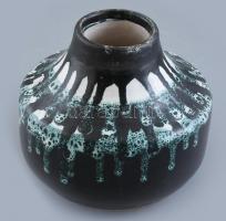 Retró kerámia váza, jelzés nélkül, kraklé mázakkal, m: 15 cm