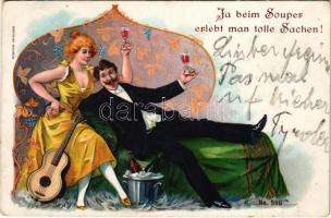 1900 Ja beim Souper erlebt man tolle Sachen! / Lady art postcard, romantic couple drinking. Art Nouveau, litho (EK)