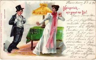 1899 (Vorläufer) Heinerich - mir graut vor Dir! / Lady art postcard, romantic couple, humour. Art Nouveau, litho (kis szakadás / small tear)