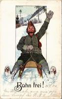 1904 Bahn frei! / Winter sport art postcard, sledding s: F. Quidenus (EK)