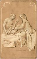 Faun & Bachantin. Nahe vor ein Licht halten / Art Nouveau erotic nude. Kosmos Kunstanstalt 201. hold to light litho (EK)