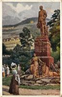 1918 Karlovy Vary, Karlsbad; Kaiser Franz-Josef-Denkmal, Café Park Schönbrunn / Franz Joseph I of Austria monument, hotel, café. B.K.W.I. Serie 203/9. s: Hans Götzinger (EK)
