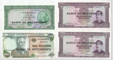 Mozambik 1961. 100E + 1967. 500E (2x, egyik 7, másik 8 jegyű sorszámmal) + 1972. 1000E mindegyik fekete BANCO DE MOCAMBIQUE felülbélyegzéssel T:I,II mind hajtatlan, egyiken kisebb gyűrődések és egy nagyon apró beszakadás Mozambique 1961. 100 Escudos + 500 Escudos (2x, one with 7, one with 8 digit serial number) + 1000 Escudos, all with black BANCO DE MOCAMBIQUE overprint C:UNC,XF all unfolded, one with small creases and a very small tear Krause P#117, P#118, P#119