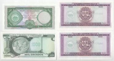 Mozambik 1961. 100E + 1967. 500E (2x, egyik 7, másik 8 jegyű sorszámmal) + 1972. 1000E mindegyik fek...