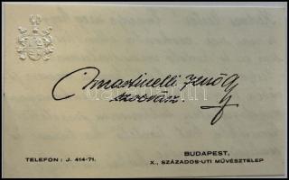 1930.március Martinelli Jenő (1886-1954) szobrászművész autográf gratuláló sorai Kézdi-Kovács László (1864-1942) festőművészhez. Martinelli Jenő címeres, dombornyomott névjegykártyáján, eredeti borítékban.