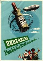 1958 Underberg trinket die Welt und auch... in Österreich bevorzugt man. Mit Underberg-Luftschiff D-Lavo / Österreich-Fahrt 1958 / Német gyomorkeserű alkohol reklám / German digestif bitter alcohol advertisement (EB)