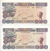 Guinea 1998. 100Fr "KL123483" + 2012. 100Fr "FF 296418" T:I Guinea 1998. 100 Francs "KL123483" + 100 Francs "FF 296418" C:UNC Krause P#35