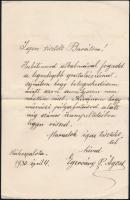 1930. április.4, Rákospalota, Egerváry Potemkin Ágost (1858-1930) festő autográf gratuláló levele Kézdi-Kovács László (1864-1942) festőművészhez, negyven éves munkásságának jubileuma alkalmából. Egy beírt oldal, Egerváry Potemkin Ágost autográf aláírásával, eredeti borítékban.