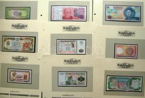 Jó világgyűjtemény az 1930-as évektől, 94db klf bankjegy, jobbakkal, mint Belize, Egyesült Arab Emirátusok, Jemen, Guinea stb, benne pár db variáns, 1db dupla, dekoratív albumlapokon, ismertetőkkel, gyűrűs borítóban T:I