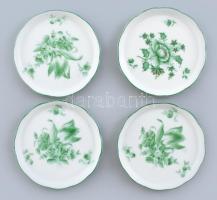 Herendi porcelán zöld virágmintás kis tálka, 4 db, kézzel festett, jelzett, kis kopásnyomokkal, d: 7,8 cm