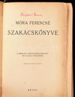 Móra Ferencné szakácskönyve. Bp., 1947, Révai, 309 p. Negyedik kiadás. Viseltes kiadói félvászon-kötés, kopott, sérült, foltos borítóval és gerinccel, helyenként kissé foltos lapokkal, sérült lapszélekkel, a fűzéstől részben elvált lapokkal, tulajdonosi névbejegyzéssel.