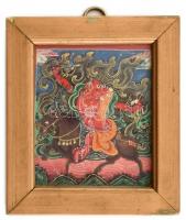 Tibeti vászonra festett buddhista miniatűr, üvegezett keretben, 9,2×11 cm