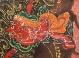 Tibeti vászonra festett buddhista miniatűr, üvegezett keretben, 9,2×11 cm