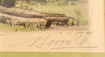 Beron Gyula: Hajóállomás. Színezett rézkarc, papír, jelzett, üvegezett keretben 29×37 cm