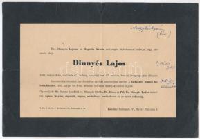 1961 Dinnyés Lajos (1901-1961) kisgazda politikus, országgyűlési képviselő, majd miniszterelnök halálozási értesítői, rajtuk bejegyzésekkel, 10x15 cm és 18x27 cm
