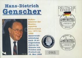 NSZK 1992. "Hans-Dietrich Genscher" Ag emlékérem 7,9g érmés bélyeges borítékon, alkalmi bélyegzővel T:BU