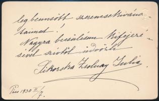 1930. II. 7. Sikorska Zsolnay Júlia (1856-1950) autográf gratuláló sorai Kézdi-Kovács László (1864-1...