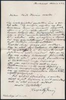 1930 Kárpáthy Jenő (1870-1950) festőművész autográf gratuláló levele Kézdi-Kovács László (1864-1942) festőművészhez pályája 40 éves jubileuma alkalmából. 1 kézzel írt oldal, Kárpáthy Jenő autográf aláírásával, eredeti borítékban.