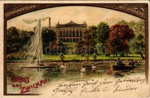 1901 Zwickau, Schwanenteich mit Schloss / swan lake with castle. Kunstverlag Winckler & Voigt Art Nouveau, litho (EK)