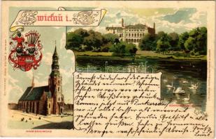 Zwickau, Marienkirche, Schwanenschloss / church, swan lake with castle. Verlag E. Walter Marx Art Nouveau, litho with coat of arms (fl)