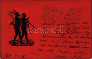 1901 Boldog újévet!. Dombornyomott kéményseprők / New Year greeting, embossed chimney sweepers (Rb)