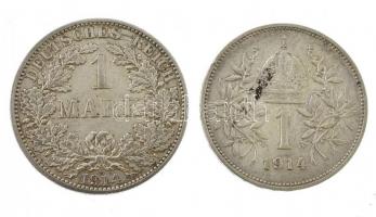 Német Birodalom 1914A 1M Ag "II. Vilmos" + Ausztria 1914. 1K Ag "Ferenc József" ...