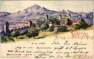1900 Lucerne, Luzern; Pilatus mit Gütsch / mountain, castle (surface damage)