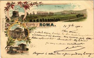 1900 Roma, Rome; Sepolero di Cecilia Metella, Via Appia, Pantheon dAgrippa, Tempio di Vesta. Carlo Künzli No. 569. Art Nouveau, floral, litho (EB)