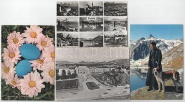 12 db MODERN svájci és üdvözlő képeslap / 12 modern Swiss town-view and greeting motive postcards