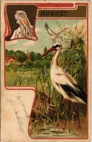 August / Art Nouveau lady with stork. litho (EK)
