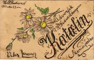 1903 Katalin / Name Day greeting card with flowers. Emb. (lyuk / pinhole)