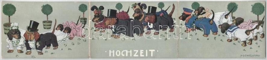 Hochzeit / Dog wedding, humour. Ottmar Zieher. 3-tiled folding panoramacard s: P. O. Engelhard (hajtásnál szakadt / torn at fold)